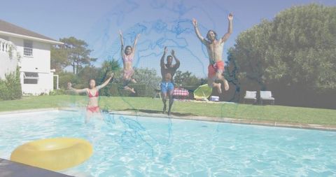 Friends Joyfully Jump into Summertime Backyard Pool