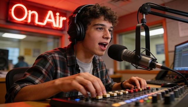 Hosting live radio show in studio with on air neon, microphone, mixing console and headphones