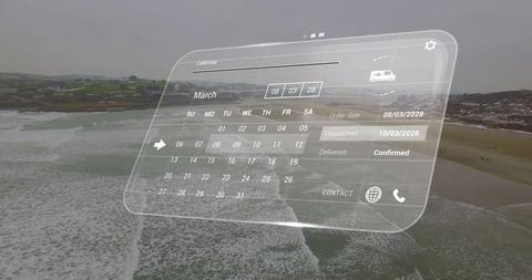 Digital calendar display over seascape conveying future connectivity