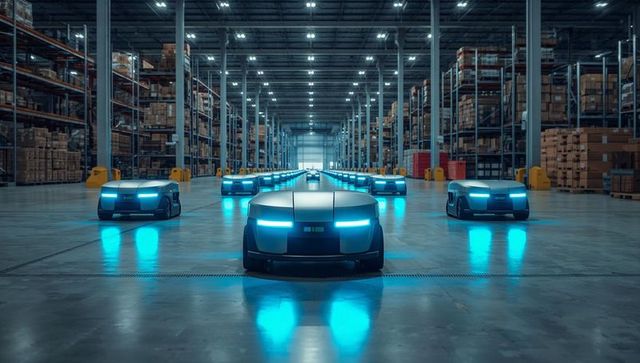 Autonomous Warehouse AGV Fleet Navigating Aisles with Blue LED Guidance for Smart Logistics