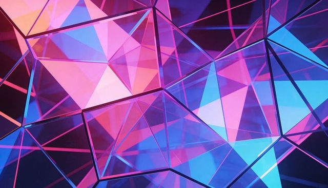 Shimmering geometric glass facets and prism light refractions in pink blue abstract