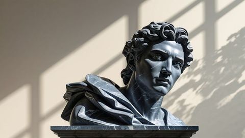 Ai-generated marble lucifer bust in gallery setting with dramatic shadows