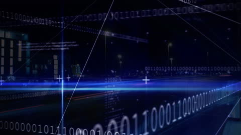 Digital Data Streams and Binary Interface Over Modern Cityscape