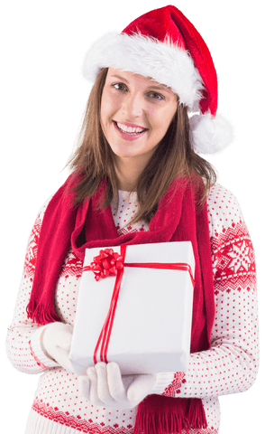 Smiling Woman with Santa Hat and Gift on Transparent Background