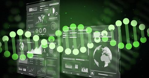 Futuristic dna helix overlay on digital interface with data visualizations
