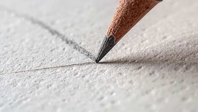 Macro pencil drawing sharp graphite lines on textured paper, wood grain detail