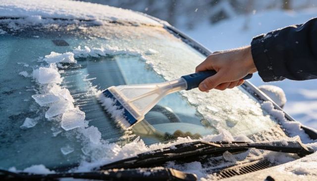 Scraping frost from windshield with handheld ice scraper on snowy morning commute