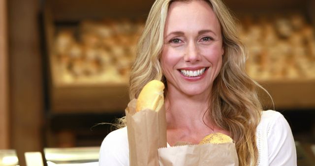 Smiling Woman Holding Bag of Fresh Bread at Bakery - Download Free Stock Images Pikwizard.com