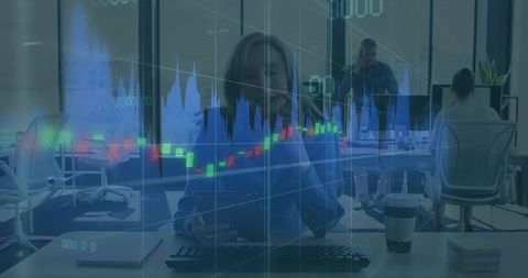 Businesswoman talking on phone analyzing market charts with candlestick overlay at office desk