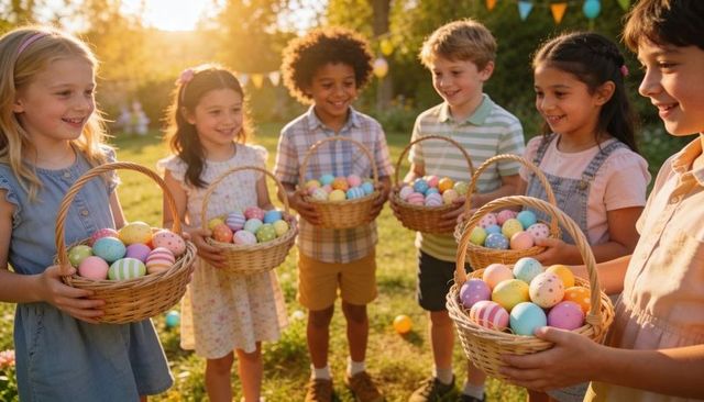 Children enjoying outdoor easter egg hunt holding wicker baskets in golden sunlight