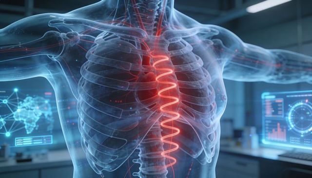 3d medical torso showing ribcage sternum illuminated spinal spiral with holograms