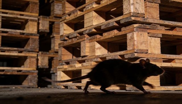 Dark rat scurrying across concrete floor among stacked wooden pallets inside warehouse
