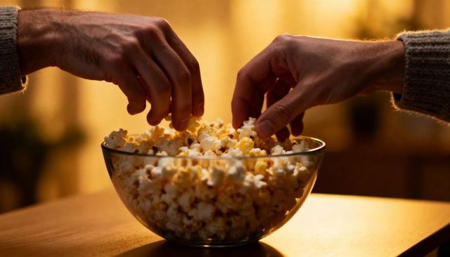 Hands reaching into glass bowl of popcorn on wooden table cozy evening snack and sharing