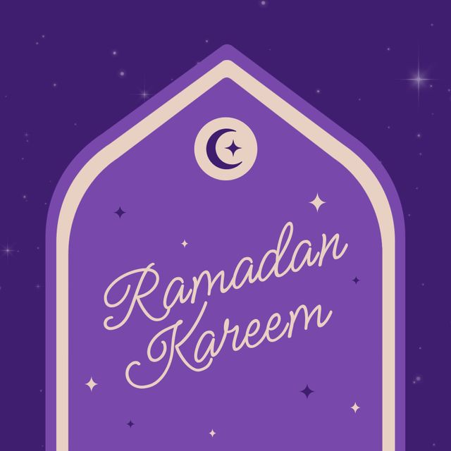 Composition of ramadan kareem text over mosque and crescent moon on purple background. Beginning of ramadan, islam, religion, tradition and celebration concept.