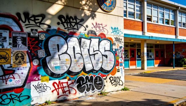 Displaying bold silver boss graffiti on school wall with colorful street art and qr sticker