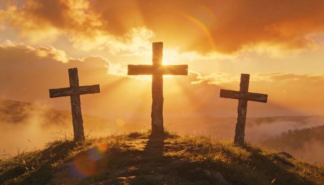 Three rustic wooden crosses silhouetting on hilltop at golden sunrise with sun halo and morning mist