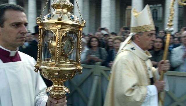 Gilded reliquary carried during catholic procession with bishop in mitre