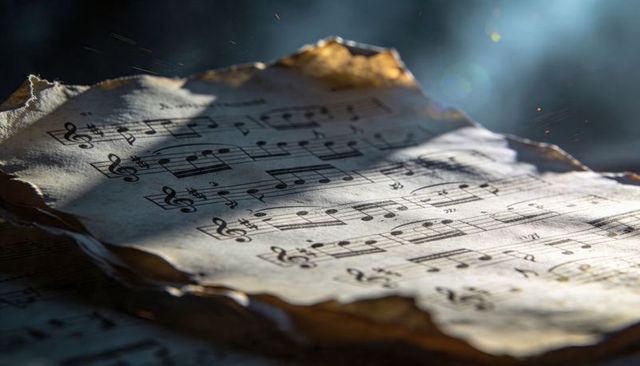 Burning Antique Sheet Music with Charred Edges and Glowing Embers