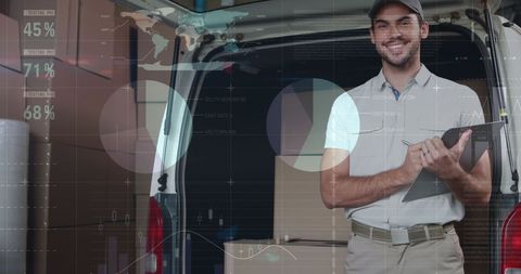 Smiling Delivery Man Checking Stock with Statistical Data Overlay