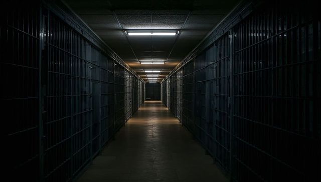 Dimly Lit Prison Cellblock Corridor with Metal Bars