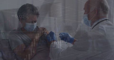 Doctor Administering Vaccine with Financial Data Overlay