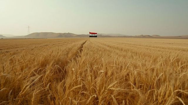 Iraqi flag standing in golden wheat field at harvest, narrow track leading to horizon