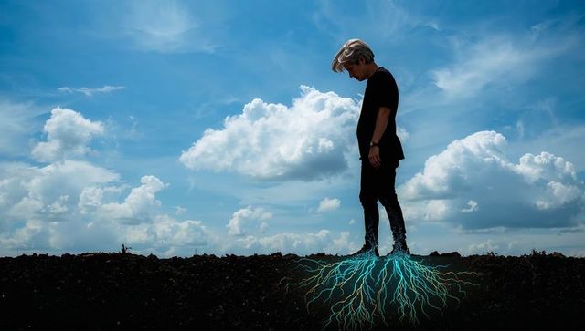Man standing with neon blue roots growing into earth under vast cloudy sky