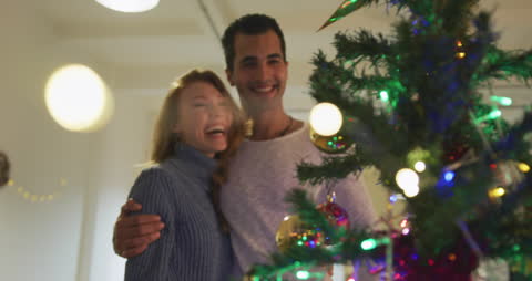 Happy Couple Decorating Christmas Tree at Home