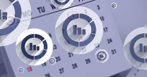 Data analysis icons overlaying monthly calendar background