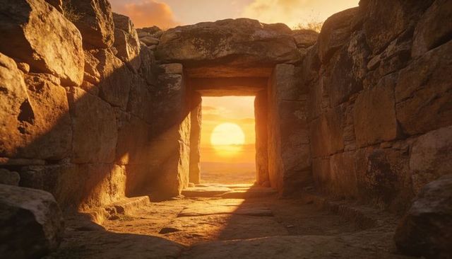 Framing ancient stone portal capturing golden sunburst on horizon at sunset ruins