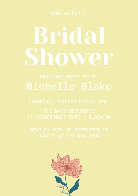 Invitation with elegant floral design perfect for bridal shower celebrations. Light background and delicate flower illustration gently announce the event honoring the bride-to-be. Ideal for wedding planners, event organizers, and individuals looking to set a joyful and refined tone for the occasion.