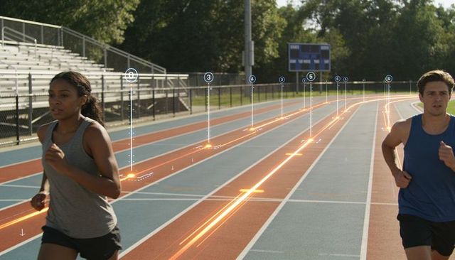 Female sprinter racing on outdoor track with glowing augmented reality data overlays