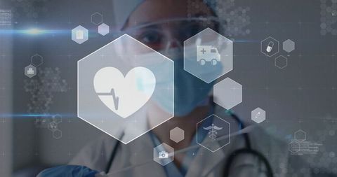 Doctor selecting holographic medical hud tapping heart ecg icon telemedicine interface