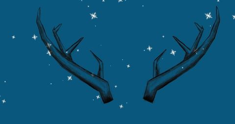 Digital illustration of snowflakes and antlers on blue winter background