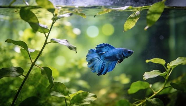 Single vibrant blue betta fish swimming in lush planted aquarium with soft bokeh