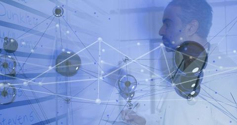 Researcher mapping data connections on glass board with network overlay and medical analysis