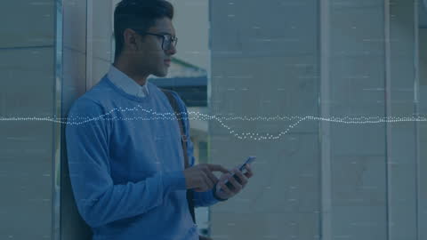 Modern Student with Smartphone and Digital Overlay Lines