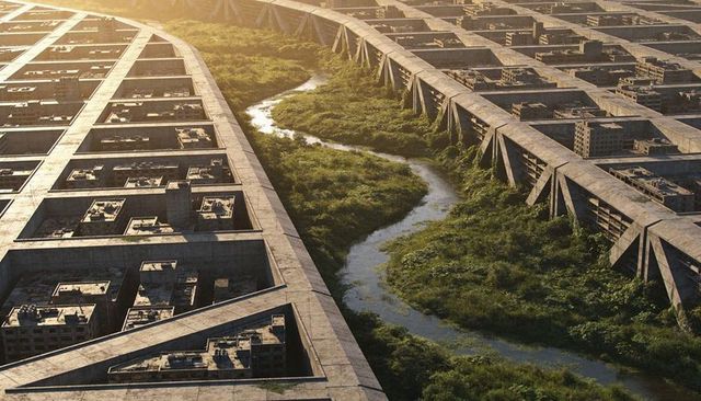 Sunset river winding through abandoned concrete grid as marshland reclaims modular corridor