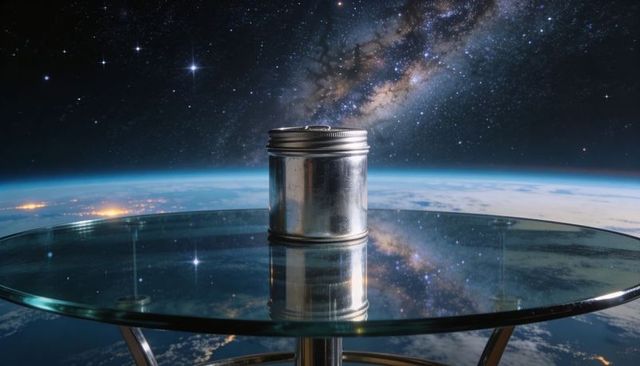 Metal tin reflecting milky way and earth limb on glass table, cosmic product display