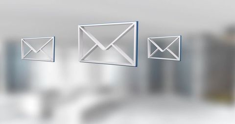 3d floating envelope icons over blurred office background representing email inbox