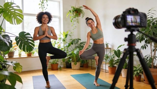 Two women practicing yoga at home with camera and lush plants, balancing in tree pose