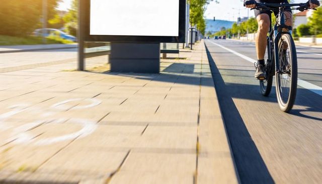Urban cyclist riding on bike lane with blank billboard for advertising and motion blur