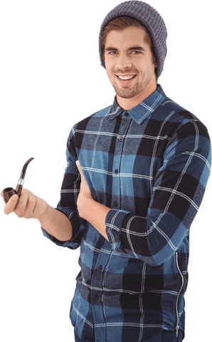 smiling man wearing checkered shirt holding pipe with confidence - Download Free Stock Videos Pikwizard.com