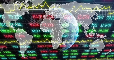 Global Stock Market Data with World Map and Digital Interface