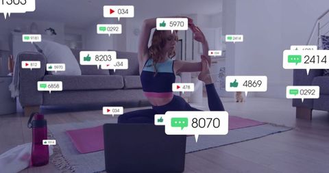 Woman Exercising with Social Media Engagement at Home