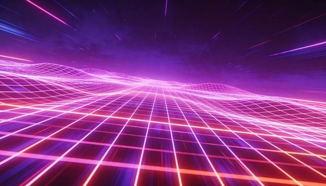 Neon wireframe horizon receding into violet glow retro futuristic grid landscape