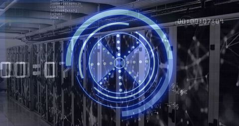 Futuristic digital interface overlays on data center