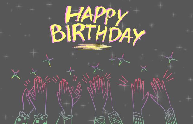 Design can be used for creating birthday invitations, social media posts, and greeting cards. Displays fun, festive atmosphere with neon clapping hands, suitable for birthday party announcements.