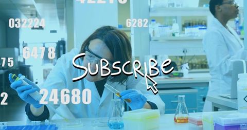 Scientist pipetting at lab bench with subscribe overlay and floating data graphics