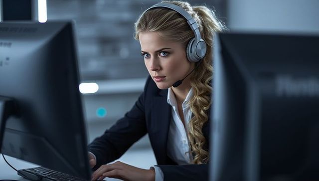 Focused call center representative working with two monitors